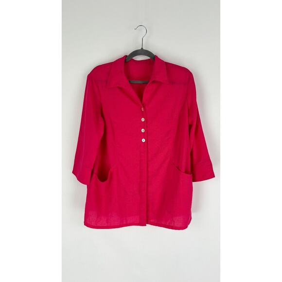 Fridaze Womens Button Front Linen Blouse 3/4 Sleeve Collared Size Medium Pink - Picture 1 of 9